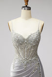 Light Grey Corset Satin Pearls Rhinestones Mermaid Prom Dress with Draping