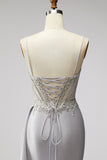 Light Grey Corset Satin Pearls Rhinestones Mermaid Prom Dress with Draping