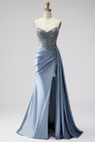 Blue Corset Sheer V-Neck Satin Ruched Rhinestone Strapless Long Prom Dress with Slit