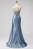Blue Corset Sheer V-Neck Satin Ruched Rhinestone Strapless Long Prom Dress with Slit
