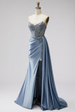 Blue Corset Sheer V-Neck Satin Ruched Rhinestone Strapless Long Prom Dress with Slit