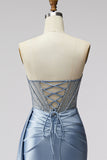 Blue Corset Sheer V-Neck Satin Ruched Rhinestone Strapless Long Prom Dress with Slit