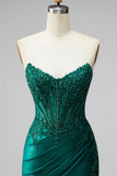 Glitter Dark Green Mermaid Corset Sequins Satin Strapless Long Prom Dress with Beading