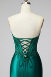 Glitter Dark Green Mermaid Corset Sequins Satin Strapless Long Prom Dress with Beading