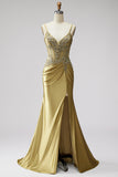 Golden Mermaid Corset Satin Rhinestone Ruched Spaghetti Straps Long Prom Dress with Slit