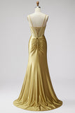 Golden Mermaid Corset Satin Rhinestone Ruched Spaghetti Straps Long Prom Dress with Slit