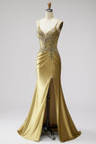 Golden Mermaid Corset Satin Rhinestone Ruched Spaghetti Straps Long Prom Dress with Slit