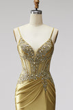 Golden Mermaid Corset Satin Rhinestone Ruched Spaghetti Straps Long Prom Dress with Slit