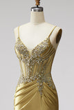 Golden Mermaid Corset Satin Rhinestone Ruched Spaghetti Straps Long Prom Dress with Slit