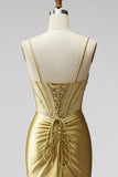 Golden Mermaid Corset Satin Rhinestone Ruched Spaghetti Straps Long Prom Dress with Slit