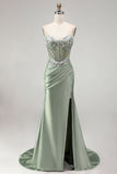 Light Green 3D Floral Appliques Corset Sheer Ruched Satin Rhinestone Long Prom Dress with Slit