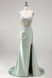 Light Green 3D Floral Appliques Corset Sheer Ruched Satin Rhinestone Long Prom Dress with Slit