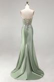 Light Green 3D Floral Appliques Corset Sheer Ruched Satin Rhinestone Long Prom Dress with Slit