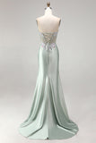 Light Green 3D Floral Appliques Corset Sheer Ruched Satin Rhinestone Long Prom Dress with Slit