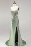 Light Green 3D Floral Appliques Corset Sheer Ruched Satin Rhinestone Long Prom Dress with Slit