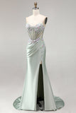 Light Green 3D Floral Appliques Corset Sheer Ruched Satin Rhinestone Long Prom Dress with Slit