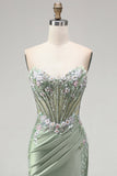 Light Green 3D Floral Appliques Corset Sheer Ruched Satin Rhinestone Long Prom Dress with Slit