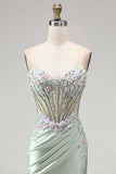 Light Green 3D Floral Appliques Corset Sheer Ruched Satin Rhinestone Long Prom Dress with Slit