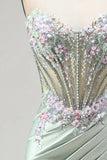 Light Green 3D Floral Appliques Corset Sheer Ruched Satin Rhinestone Long Prom Dress with Slit