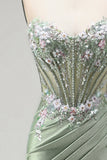 Light Green 3D Floral Appliques Corset Sheer Ruched Satin Rhinestone Long Prom Dress with Slit