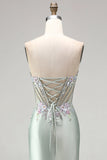 Light Green 3D Floral Appliques Corset Sheer Ruched Satin Rhinestone Long Prom Dress with Slit