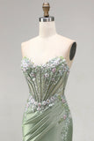 Light Green 3D Floral Appliques Corset Sheer Ruched Satin Rhinestone Long Prom Dress with Slit