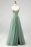 Glitter Dusty Sage Corset Floral Appliques Tulle Strapless Sequins Long Prom Dress with Slit