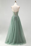 Glitter Dusty Sage Corset Floral Appliques Tulle Strapless Sequins Long Prom Dress with Slit
