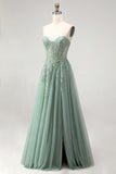 Glitter Dusty Sage Corset Floral Appliques Tulle Strapless Sequins Long Prom Dress with Slit