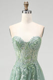 Glitter Dusty Sage Corset Floral Appliques Tulle Strapless Sequins Long Prom Dress with Slit