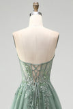 Glitter Dusty Sage Corset Floral Appliques Tulle Strapless Sequins Long Prom Dress with Slit