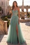 Glitter Dusty Sage Corset Floral Appliques Tulle Strapless Sequins Long Prom Dress with Slit