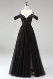 Cold Shoulder Black A-Line Tulle Sequins Appliques Long Prom Dress with Slit