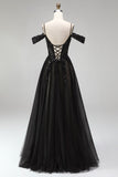 Cold Shoulder Black A-Line Tulle Sequins Appliques Long Prom Dress with Slit