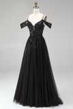 Cold Shoulder Black A-Line Tulle Sequins Appliques Long Prom Dress with Slit