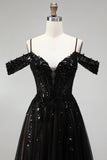 Cold Shoulder Black A-Line Tulle Sequins Appliques Long Prom Dress with Slit