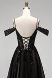 Cold Shoulder Black A-Line Tulle Sequins Appliques Long Prom Dress with Slit