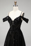 Cold Shoulder Black A-Line Tulle Sequins Appliques Long Prom Dress with Slit