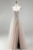Dusty Rose Floral Appliques Rhinestone Corset Tulle A-Line Strapless Long Prom Dress with Slit