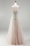 Dusty Rose Floral Appliques Rhinestone Corset Tulle A-Line Strapless Long Prom Dress with Slit