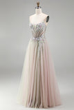 Dusty Rose Floral Appliques Rhinestone Corset Tulle A-Line Strapless Long Prom Dress with Slit