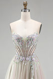 Dusty Rose Floral Appliques Rhinestone Corset Tulle A-Line Strapless Long Prom Dress with Slit