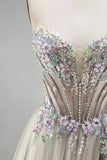 Dusty Rose Floral Appliques Rhinestone Corset Tulle A-Line Strapless Long Prom Dress with Slit