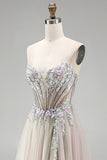 Dusty Rose Floral Appliques Rhinestone Corset Tulle A-Line Strapless Long Prom Dress with Slit