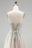 Dusty Rose Floral Appliques Rhinestone Corset Tulle A-Line Strapless Long Prom Dress with Slit