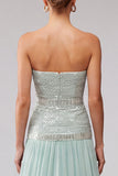 Mint Sequins Pleated Chiffon A-Line Strapless Long Prom Dress with Beading