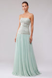Mint Sequins Pleated Chiffon A-Line Strapless Long Prom Dress with Beading