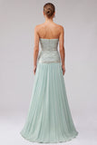 Mint Sequins Pleated Chiffon A-Line Strapless Long Prom Dress with Beading