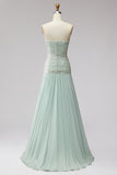 Mint Sequins Pleated Chiffon A-Line Strapless Long Prom Dress with Beading