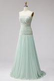 Mint Sequins Pleated Chiffon A-Line Strapless Long Prom Dress with Beading